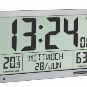 Vooraanzicht van zilveren Radio Controlled Clock XL 60.4517.54 van TFA met hygrometer.