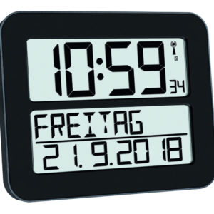 Zwarte timeline Max klok met uitgeschreven datum.