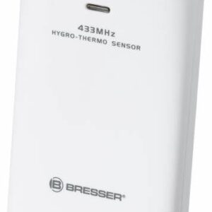 Voorkant Bresser 8 Kanaals Thermo-/Hygro-sensor losse sensor thermo en Hygro 8 kanaals met Bresser logo en 433MHz op de witte buitenkant.
