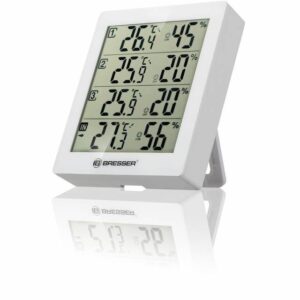 BRESSER Temeo Hygro Quadro - Thermometer en Hygrometer voorkant met luchtvochtigheid en temperatuur afgebeeld. de witte variant